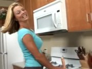 Preview 2 of Busty Anilos Brenda James rides a dong on kitchen floor.