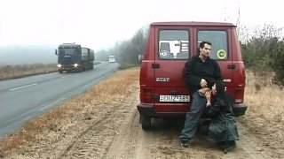 horny whore sucks cock on the road