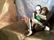Preview 5 of fantasy scene where spandex skeleton wrestles and humps frogman