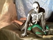 Preview 6 of fantasy scene where spandex skeleton wrestles and humps frogman