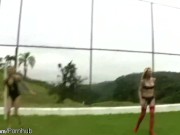 Preview 3 of Four trannies in string bikini playin volleyball and fucking