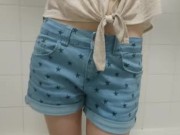 Preview 2 of girl wets her denim shorts