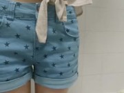 Preview 4 of girl wets her denim shorts