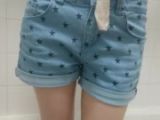 Preview 5 of girl wets her denim shorts