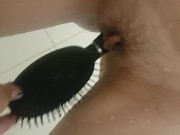 Preview 3 of fucks tight wet pussy with brush at family home while rents r still up