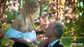 Young blonde moaning fucking an old man she swallows his cumshot