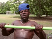 Preview 2 of Thick Dark Muscular Dude with BBC jacks at the park. Catch the Nutt
