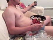 Preview 4 of Stuffing & Watching Anime. Chubby Guy, Big Belly Meal! Eating Too Much Hehe