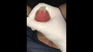 Cumming in condom with latex glove