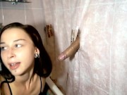 Preview 5 of Amateur Threesome Gloryhole Blowjob - Replaced Her friend in the Bathroom