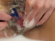 Preview 2 of Shaving off my extreme hairy big clit pussy lips in close up