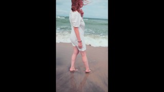 Risky Public Beach Pussy Flashing & Blowjob Cumshot | Redhead White Dress