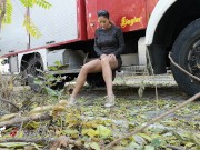 Preview 5 of Horny girl masturbates in public on the firetruck squirts. 4K Wetkelly