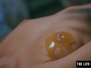 Preview 3 of Puffy nippled beauty masturbates hard with honey and a cucumber