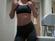Preview 3 of Quick pussy rubbing in gym bathroom | Amateur PetitTits
