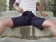 Preview 2 of Pissing black athletic shorts outdoors and jerking off into my t-shirt