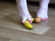 Preview 4 of Fat legs bare feet mercilessly trampled banana and raw eggs. Crush Fetish.