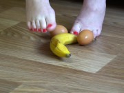 Preview 5 of Fat legs bare feet mercilessly trampled banana and raw eggs. Crush Fetish.