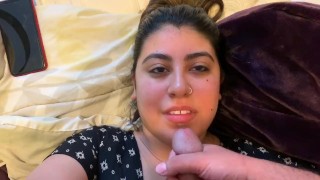 My stepsister gives me a rough blowjob and ends with a quick handjob to eat my cum