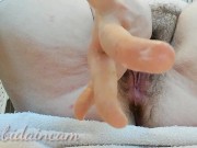 Preview 1 of FART and PEE in white stockings ||Hairy and chubby girl with huge BIG ASS