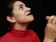 Preview 1 of CFNM - Red turtleneck, Black lips - Handjob + Cum mouthful + Cum on clothes