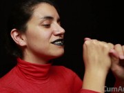 Preview 2 of CFNM - Red turtleneck, Black lips - Handjob + Cum mouthful + Cum on clothes