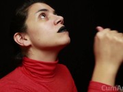 Preview 4 of CFNM - Red turtleneck, Black lips - Handjob + Cum mouthful + Cum on clothes