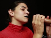 Preview 5 of CFNM - Red turtleneck, Black lips - Handjob + Cum mouthful + Cum on clothes