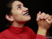 Preview 6 of CFNM - Red turtleneck, Black lips - Handjob + Cum mouthful + Cum on clothes
