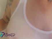 Preview 2 of Gem Stoned~ Finger Fucking my hairy pussy in my wet tanktop in the shower