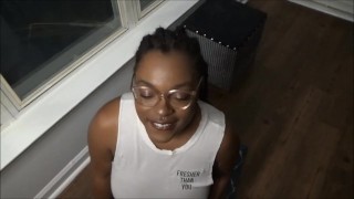 Thick Ebony Girlfriend sucks cock as neighbors watch
