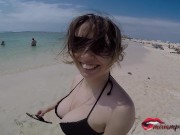 Preview 1 of Miriam Prado Busty does a hand job with cumshot on her tits on the beach
