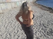 Preview 4 of Blonde women at public beach showing big naked boobs and ass