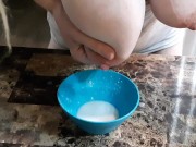 Preview 4 of Big Tits blonde makes guy eat her breast milk and cheerios for breakfast
