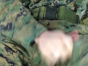 Preview 2 of US Marine Crossdresser Cums All Over Self In Full Combat Uniform