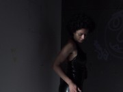 Preview 3 of Horny slut in latex dress without panties walking in German show hairypussy