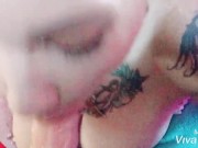 Preview 1 of SEXY TATTED CHICK GIVES SLOPPY NOISY BLOWJOB POV