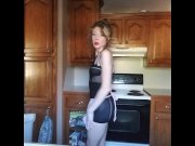 Preview 1 of Hot young housewife chores-rubber gloves smoking lingerie STRIPS n kitchen!