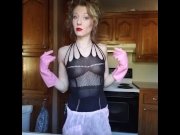 Preview 2 of Hot young housewife chores-rubber gloves smoking lingerie STRIPS n kitchen!