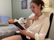 Preview 4 of Voyeur of sexy brunette reading a hot romance novel and getting off to it