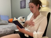 Preview 5 of Voyeur of sexy brunette reading a hot romance novel and getting off to it