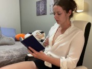 Preview 6 of Voyeur of sexy brunette reading a hot romance novel and getting off to it