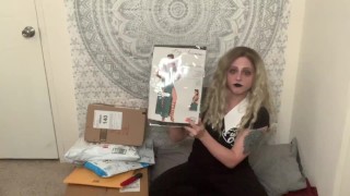 Goth camgirl unboxes sexy supplies for Easter cam show