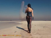 Preview 2 of M00nshine on the beach in sexy leather outfit, mask and pantyhose - Outdoor