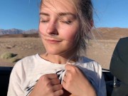 Preview 2 of Public teen sex in the convertible car on a way to Las Vegas - Eva Elfie
