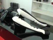 Preview 1 of Encased In Black Latex Catsuit With Rubber Mask And Breathplay Masturbation