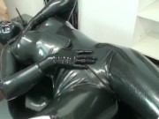 Preview 2 of Encased In Black Latex Catsuit With Rubber Mask And Breathplay Masturbation