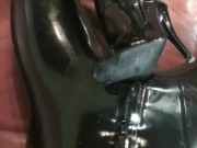 Preview 1 of Couple Full In Black Rubber Catsuit Mask Gloves Condom Encasement Latex Sex