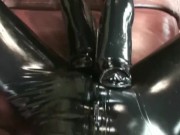 Preview 2 of Couple Full In Black Rubber Catsuit Mask Gloves Condom Encasement Latex Sex