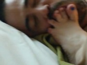 Preview 1 of She dominates his mouth and cock with her feet while he finger fucks her
